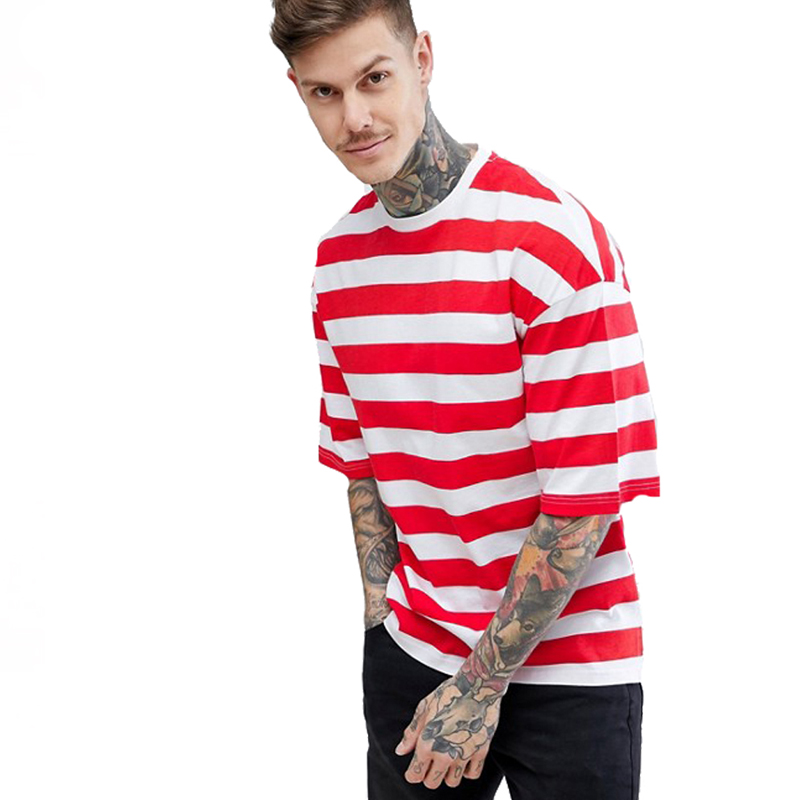 Custom 100% Cotton Oversize Red And White Horizontal Stripe T-Shirts For Men 