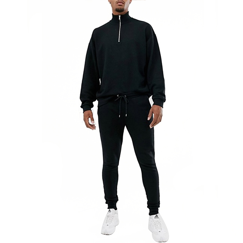 Custom High quality Mens Tracksuit 100% Cotton Blank Black Sweat Suits
