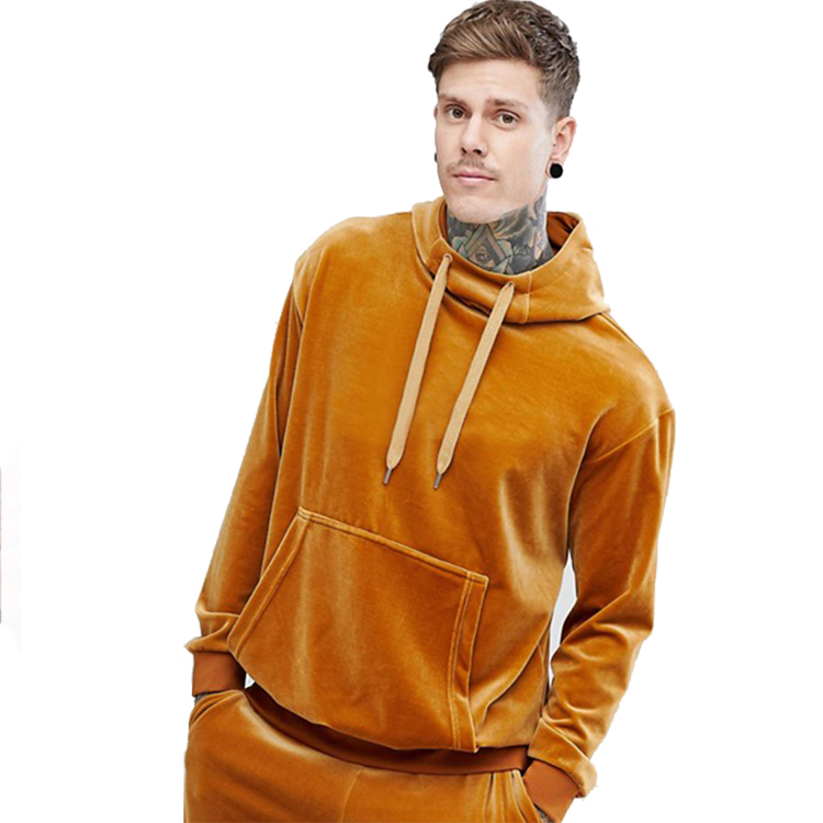 Custom High Quality Khaki Plain Velvet Tracksuits Sweatsuit for Men 