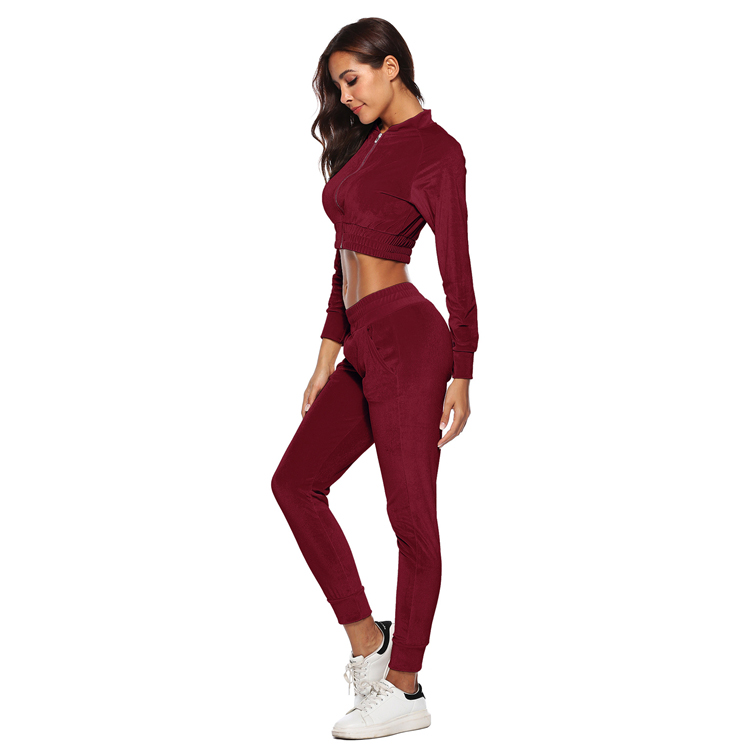 Women Sexy Design High Waist Zipper Front Street Wear Custom Women Sexy Velour Tracksuit Set 