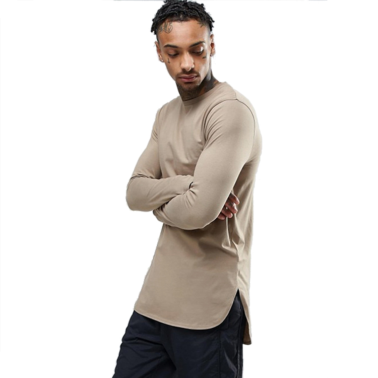 oem custom printing logo no brand longline brown 100% pima cotton men curve hem long sleeve t shirt 