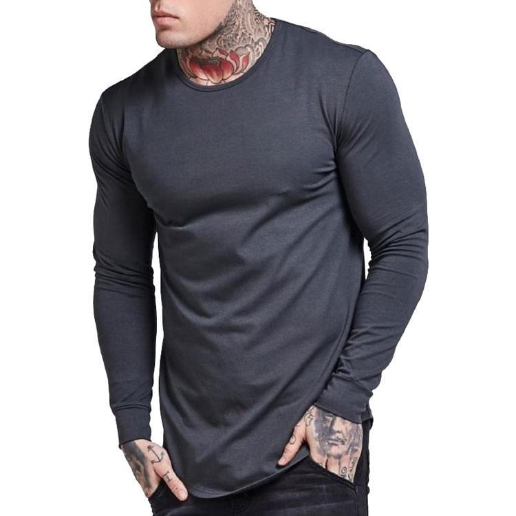 95% Cotton 5% Elastane Active Wear Curved Hem Plain Mens Long Sleeve T Shirt 