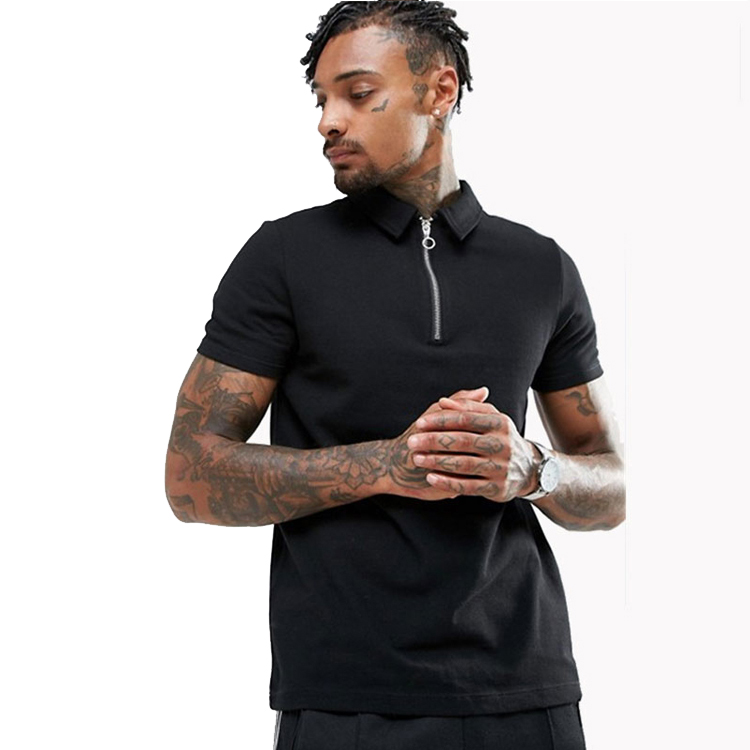 OEM black fashion custom plain zip neck pique man polo t shirt 